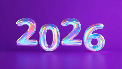 Iridescent Holographic 2026 Number Balloons on Purple Background New Year Celebration Design Element
