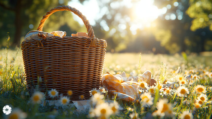 A summer picnic basket with flowers and fruit rests on the grass in a meadow