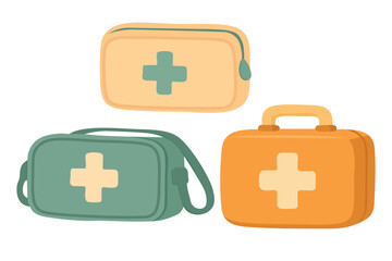 Cartoon set of three first aid kits in flat style. Colorful vector illustration for medical use.