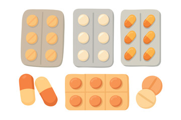 Cartoon collection of pills, capsules and blisters. Flat vector medical illustration for pharmacy theme.