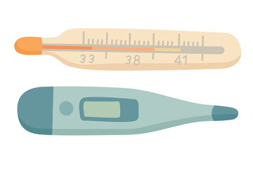 Cartoon set of glass and digital thermometers. Flat vector illustration for health and medical care.