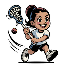 Cheerful girl playing lacrosse with determination and skill on a sunny day in a sports field