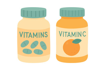 Cartoon set of two vitamin bottles with capsules and orange label. Flat vector illustration for health.