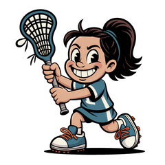 Cheerful girl playing lacrosse with determination and skill on a sunny day in a sports field