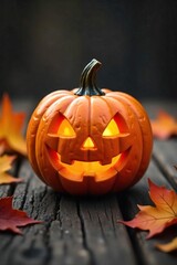 Intricate Jack-o-Lantern on Rustic Wood with Autumn Leaves Spooky Halloween Decoration