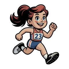 Cheerful young girl running in a race while wearing a sports uniform and number 23