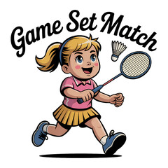 Young girl enthusiastically playing badminton while running on the court during a bright sunny day