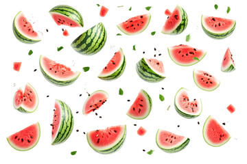 Watermelon Summer Splash: Juicy watermelon slices and seeds suspended in mid-air, creating a vibrant and refreshing summer scene.