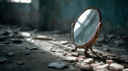 Vintage ornate mirror standing on a dusty floor in an abandoned room with scattered debris and dramatic lighting.