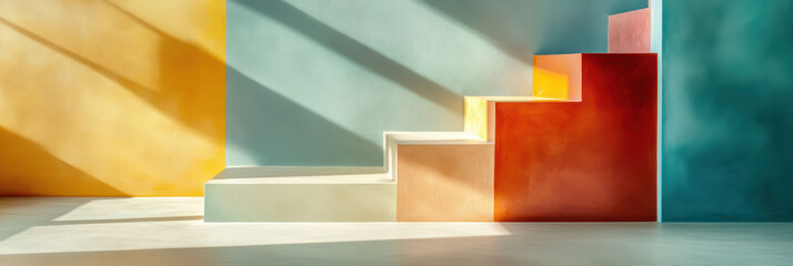 Color-blocked minimalist staircase composition with bold shadows and vibrant wall hues