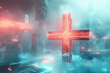 A glowing digital red cross hovers in a surreal, fog-filled environment of brutalist concrete blocks. Electric circuits pulse through the symbol, merging cybernetics with architectural mass.
