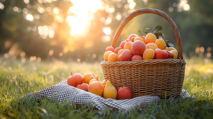 A wicker picnic basket with fresh red apples and other healthy fruits