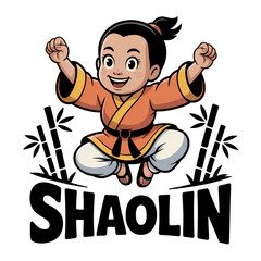 Young Girl martial artist practicing Shaolin skills in vibrant colors with joyful expression and dynamic pose