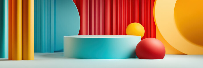  vibrant 3D scene with a large blue podium surrounded by colorful geometric shapes and vertical panels. Bold hues of red, yellow, and aqua create a playful modern backdrop.