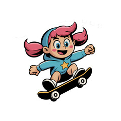 Young girl skateboarding with excitement and energy on sunny day at skate park