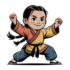 Young Girl martial artist practicing Shaolin skills in vibrant colors with joyful expression and dynamic pose