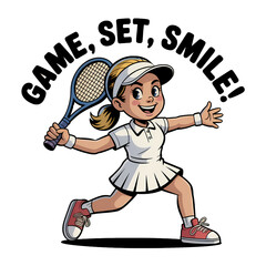Cheerful young tennis player swinging racket while promoting fun and positivity on the court during a sunny day