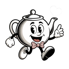 Happy teapot character holding a flower while walking cheerfully in a playful design