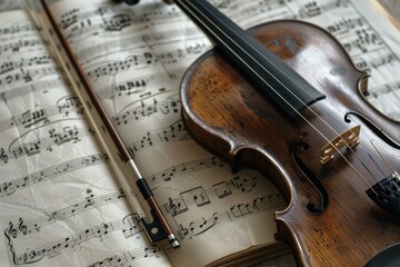 Fototapeta premium Antique violin and bow lie on aged sheet music, creating a scene of classical musical heritage