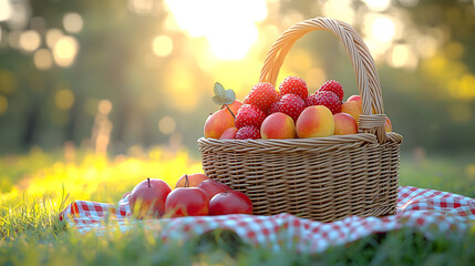 A vibrant bushel of red and green apples sits in a woven basket