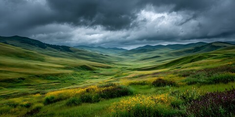 Rolling green hills under a dramatic cloudy sky