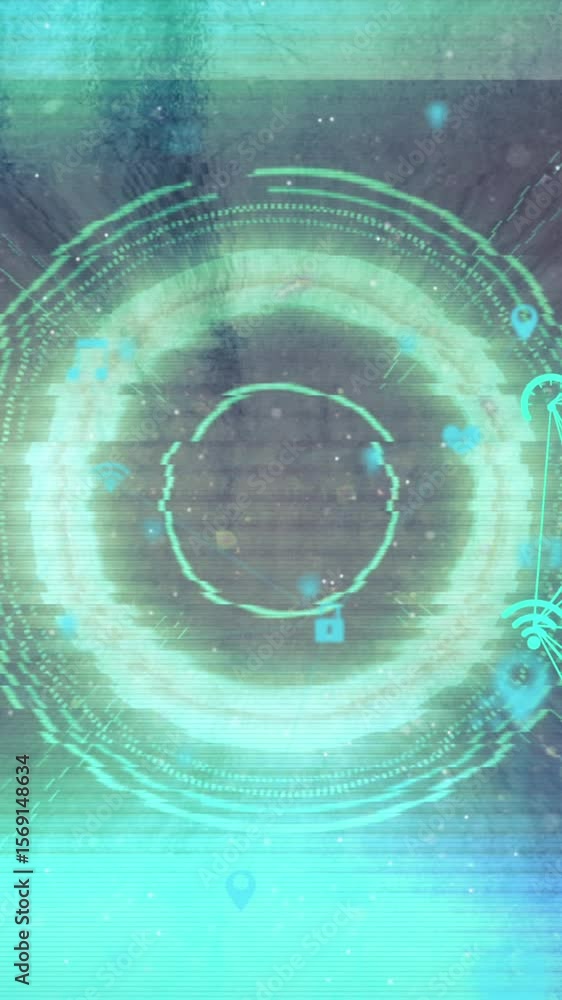 Poster animation of scope scanning and network of connections with icons