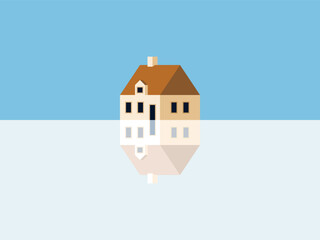 Minimalist House Illustration with Reflection on River.