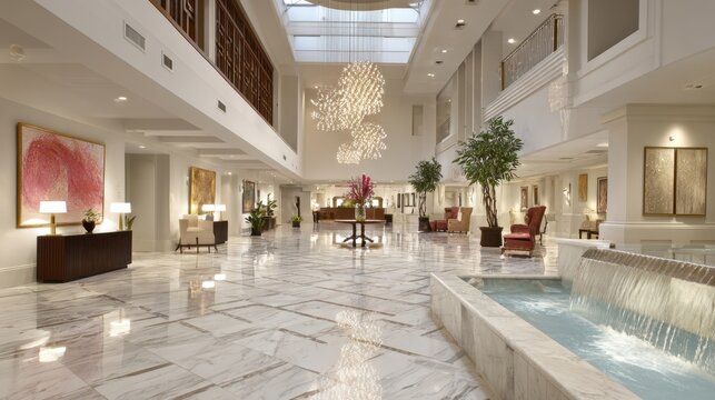 Elegant hotel lobby with polished marble flooring and cascading chandeliers highlighted by tasteful art pieces and a tranquil water feature setting the stage for a sophisticated guest
