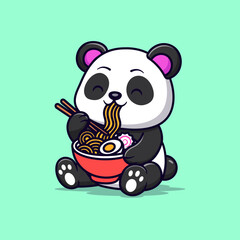 Kawaii Panda Eating Ramen Illustration. Cute Panda Eating Ramen Vector.