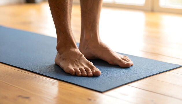 Bare feet stand on a blue yoga mat, ready for exercise or relaxation indoors.