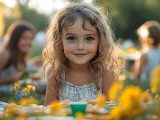 Smiling little girl with her family playing in the park on a sunny summer day