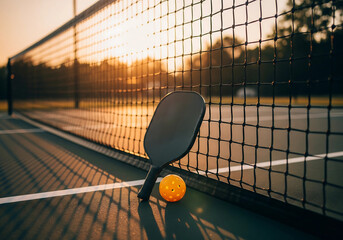 Cinematic Pickleball Paddle and Ball by Net at Sunset on Outdoor Court