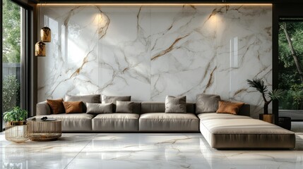 Modern living room with marble wall and sectional sofa