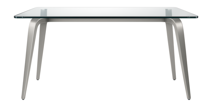 A minimalist gaming table with a glass top and steel base, suitable for a chic coworking space dedicated to board games.