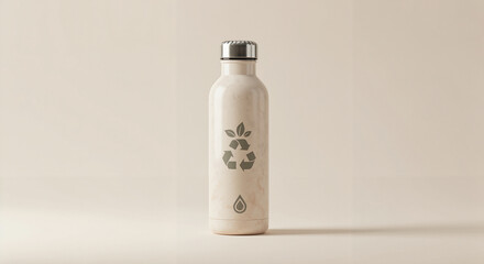 Reusable water bottle with recycle symbol on neutral background  