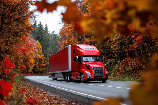 A red semi truck is driving down a road with autumn leaves on the side