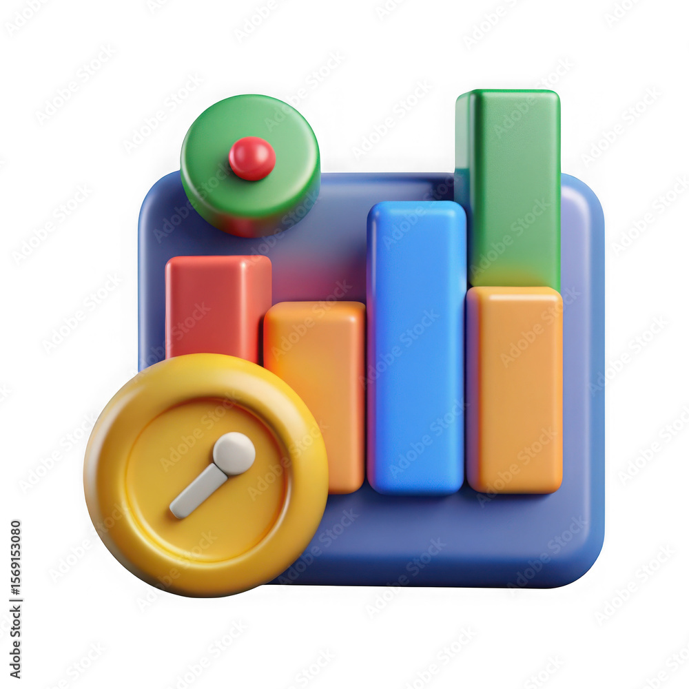 Poster 3d rendered colorful bar chart with clock and circle isolated on transparent background