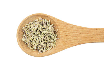 Flat lay view of dried White clover Trifolium repens blossom pieces of herbal tea powder on wood spoon, isolated on white background.