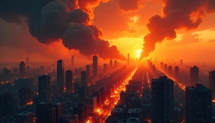 Fototapeta premium Fiery Apocalypse Crumbling Cityscape Engulfed in Flames and Smoke, a Scene of Utterly Devastating Chaos Under an Angry Orange Sky