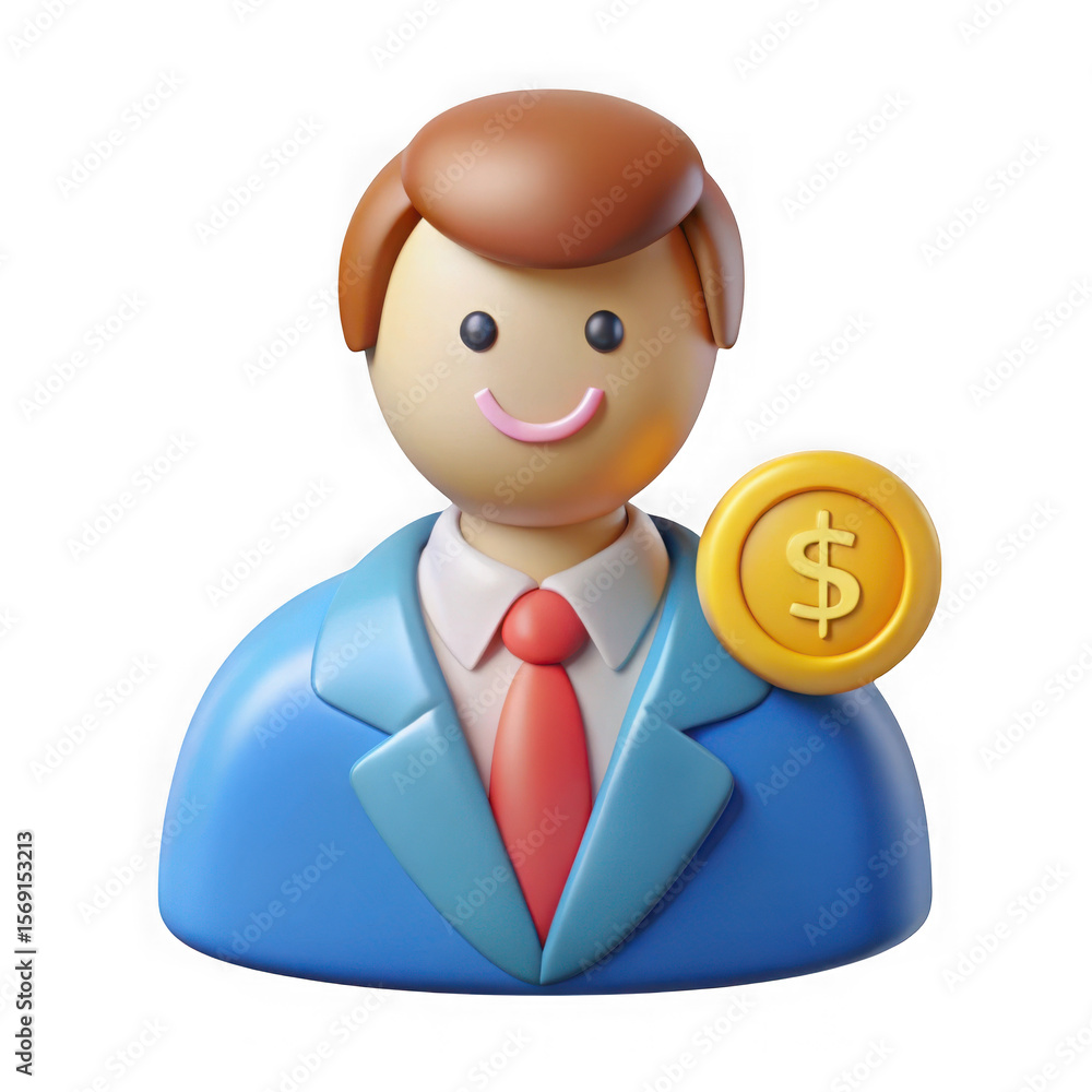 Poster smiling businessman with a golden dollar coin isolated on transparent background