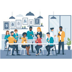 Modern Workplace Diverse team collaborating with smartphones in a stylish office setting 