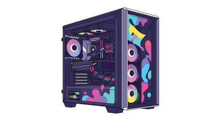 Gaming Desktop Computer Tower with Colorful Abstract Design and Internal Components Visible