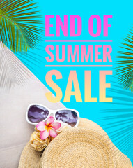 End of summer sale banner with jute hat and sunglasses on blue background, summer promotion poster background idea