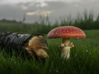 A red mushroom grown on the ground.