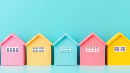 Local business SEO and optimization concept. Colorful toy houses lined up against a blue background.