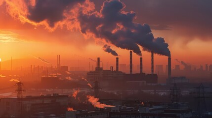 Fototapeta premium Industrial landscape at sunset with smoke billowing from factories and power lines.