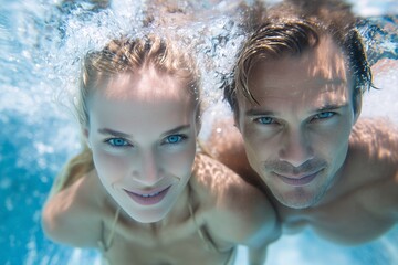 underwater couple smiling and looking at camera in swimming pool together