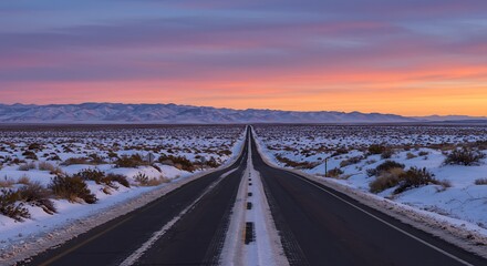 Highway Through Snowy Landscape at Sunset
