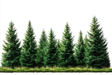 A solitary, tall evergreen pine tree standing proudly in a lush forest, isolated against a clean, stark white background.