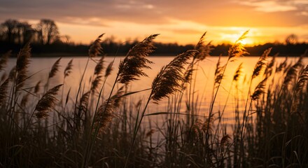 Fototapeta premium Golden Sunset Over Water with Silhouetted Reeds. Tranquil Nature Scene at Dusk. Warm Light on Tall Grass by Lake.